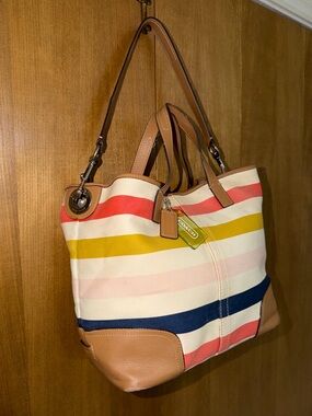Coach Striped Canvas Tote in Coral, Mustard, Navy & Pink with Tan Leather F30041